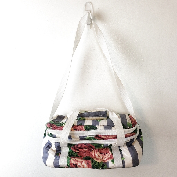 Vintage Handbags - Vintage Floral Striped Lunchbag Carry Case Cooler